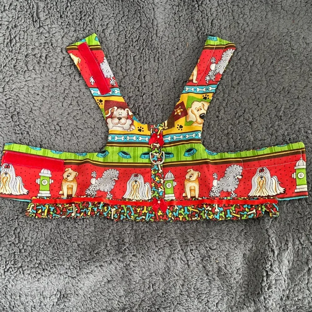 NEW- DOG PRINT ON BROWN small dog harness w-ruffle handmade